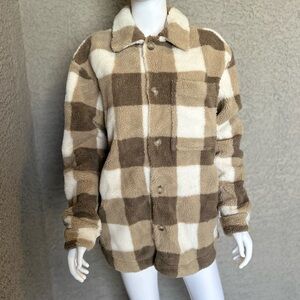 H&M Brown and Cream Checkered Sherpa Jacket